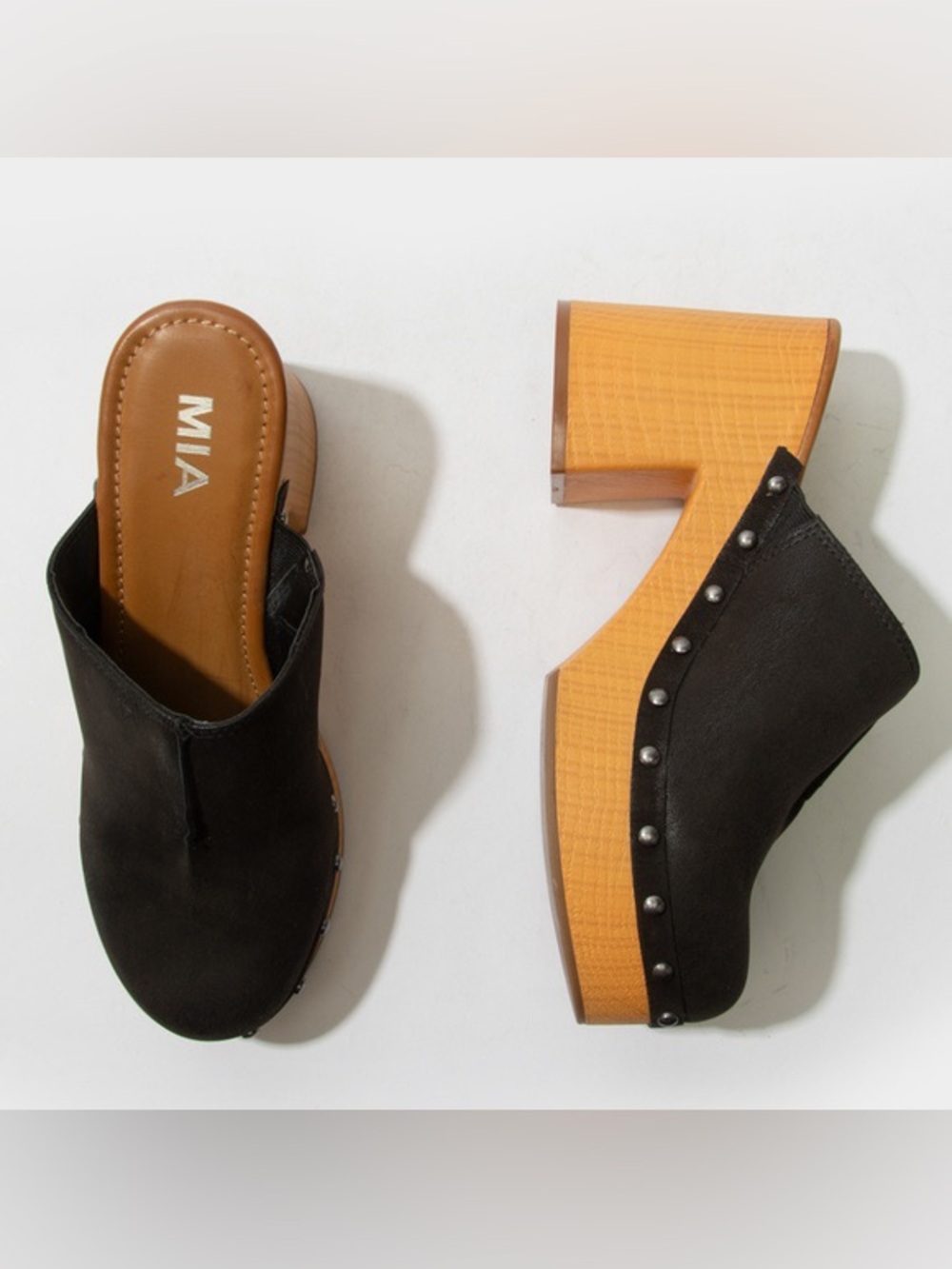 MIA Black Faux Leather Clogs Studded Wood Platform Heeled Mules Boho 70s Sz 9.5